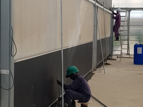 twee mannen aan het werk in een kas aan een rolscherm