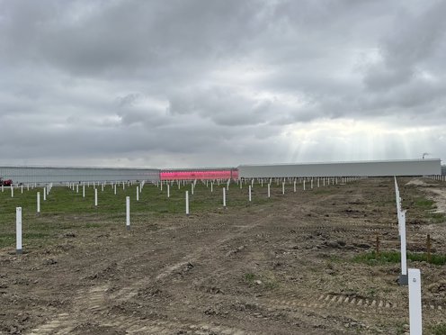 land en fundatiepalen met in de verte kassen
