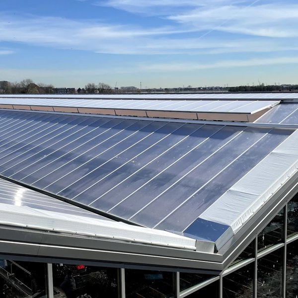 greenhouse roof of a garden centre in the sun