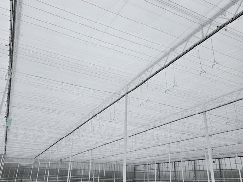schermdoeken in de nok van een kas in aanbouw