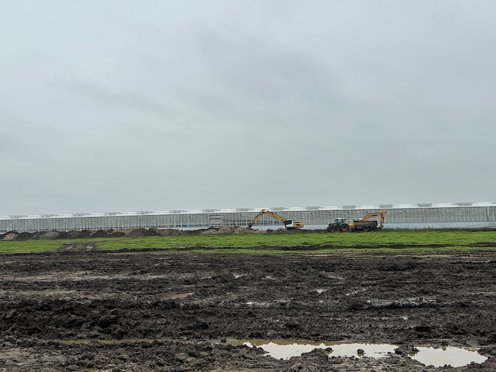 modderig veld met gele graafmachines in de verte en een kas