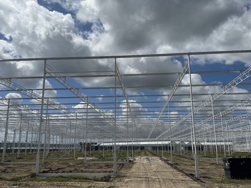 stalen kasconstructie voor een nieuwe tuinbouwkas op een stralende zonnige dag